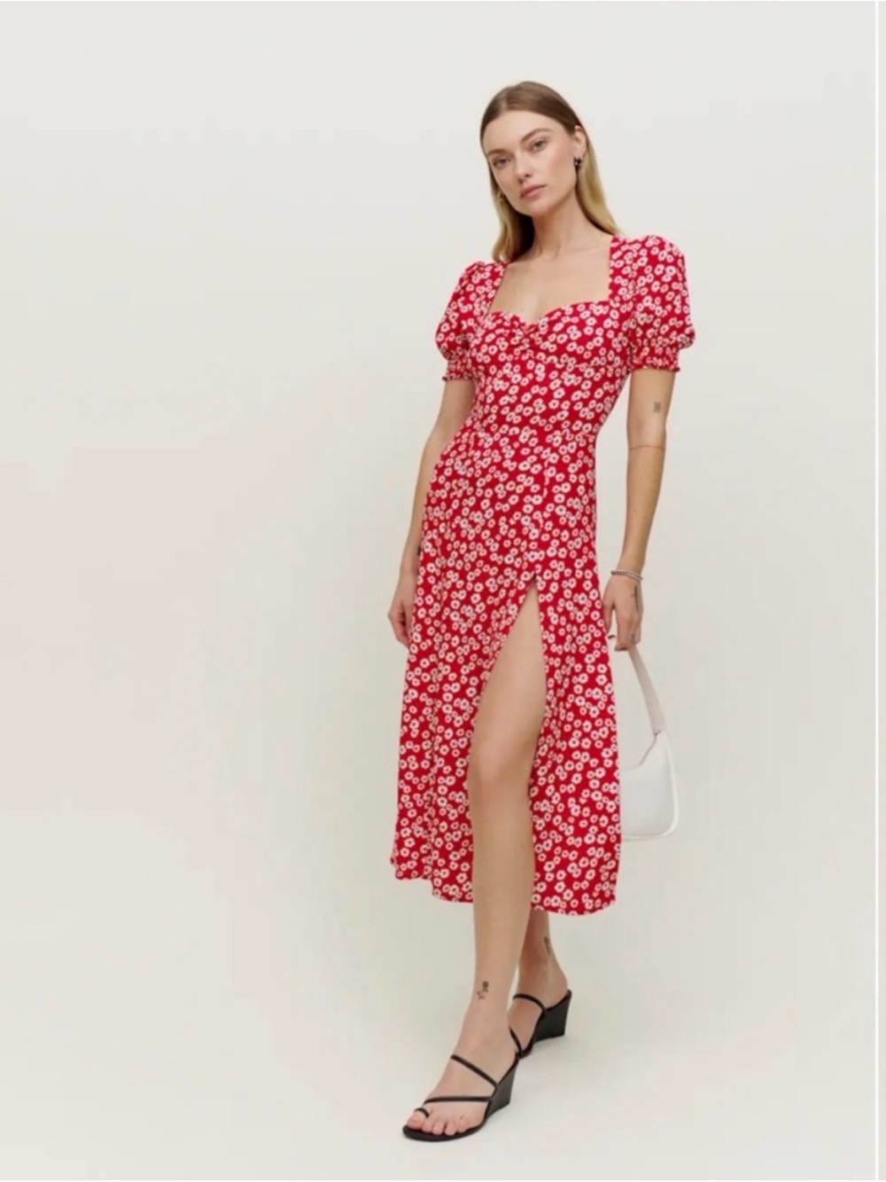 Reformation Lacey Dress; red white floral with sleeves